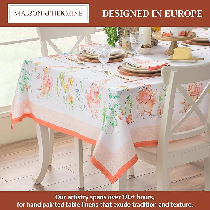 Maison d'Hermine Table Cloth Rectangle Table 100% Cotton Tablecloth for Dining Room, Farmhouse, Home, Hotel, Parties & Wedding - Ideal for Easter Decorations Spring & Summer (Bunny Party, 60" x 108")