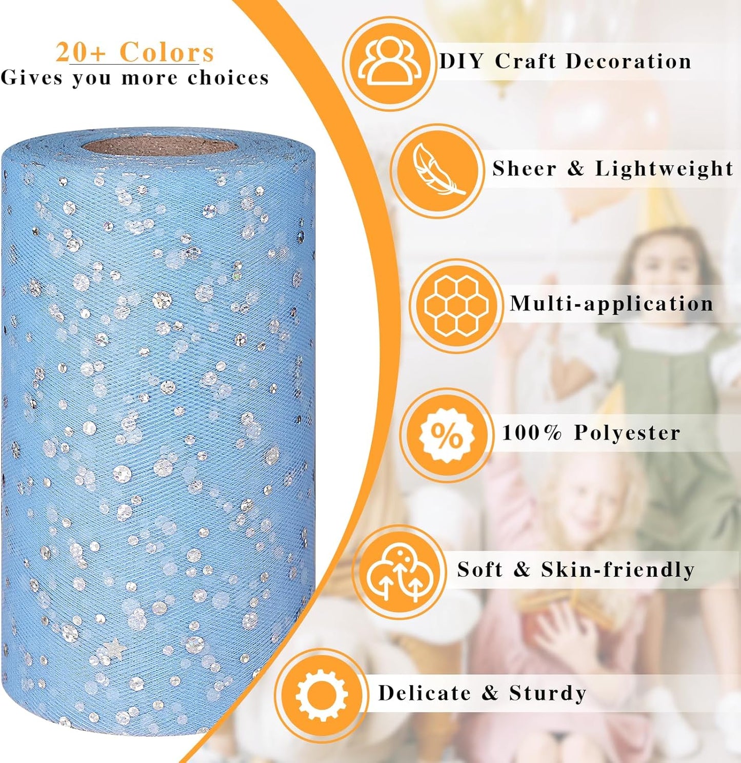 Glitter Tulle Rolls, 6” by 50 Yards (150FT) Sequin Tule Netting Fabric Tulle for Tutu Skirts Sewing Birthday Wedding Party Decoration (Light Blue)