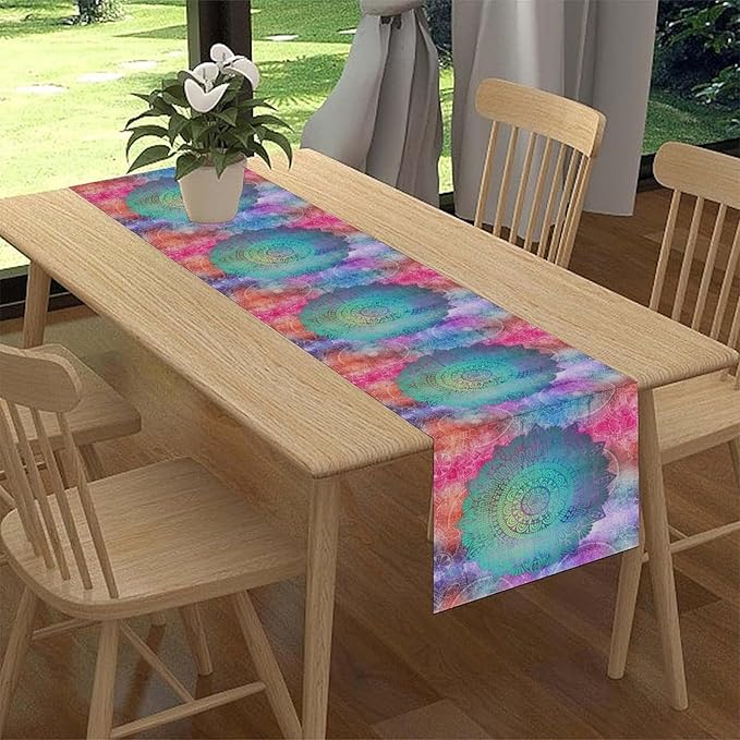 Bohemian Flroal Table Runner, Vintage Colorful Pink Boho Geometric Mandala Flower Paisley Rustic Coffee Table Center Decor for Family Kitchen and Living Room Outdoor Table Decorations, 13"x108"