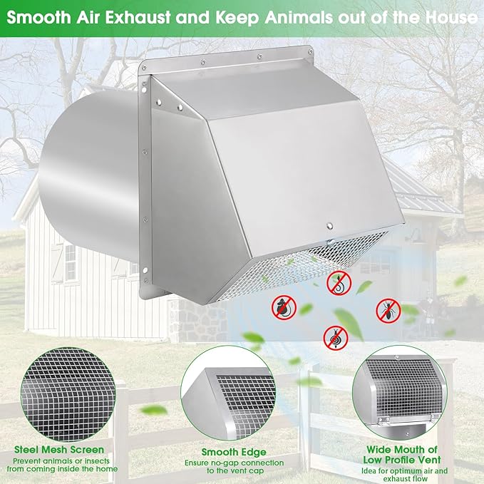 6 Inch Wall Vent Cover,Exterior Wall Vent Hood with Screen and Damper Exhaust Dryer Vent Cover Outside,External Extractor Wall Exhaust Vent Cap for Range Hood Kitchen Outdoor Air Vent,Stainless Steel