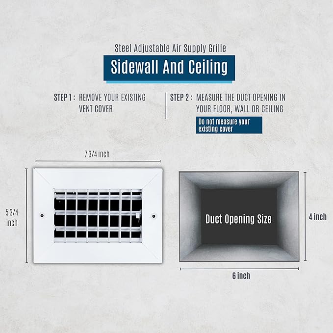 [6 Pack] Fits 6x4 Duct Opening Steel Adjustable Air Supply Grille by Handua | Register Vent Cover Grill for Sidewall and Ceiling | White | Out. Dim.: 7.75" X 5.75"