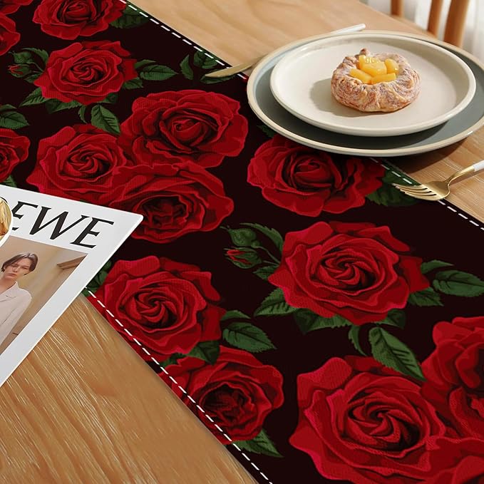 Table Runner Red Roses Table Runners Summer Seasonal Kitchen Dinning Decor for Indoor Outdoor Holiday Home Wedding Party 13x70 Inch