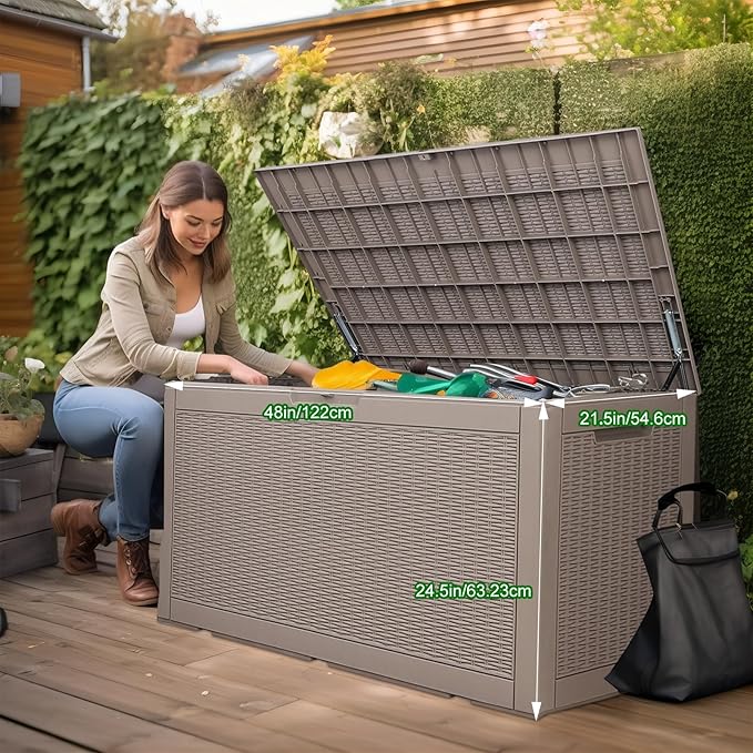 120 Gallon Deck Box,Resin Outdoor Storage Box with Lockable for Patio Furniture, Pool Accessories, Garden Tools Waterproof Outside Storage Box, Grey