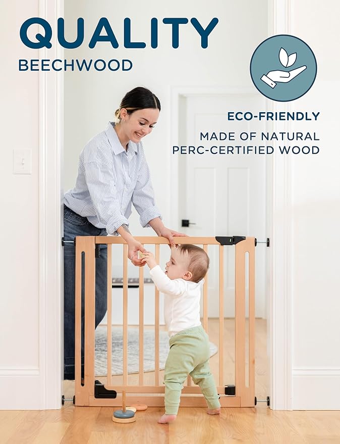 SizeWise™ Wood Pressure Mounted Safety Gate 27.6"-31.5" | Extra-Wide Passage | Auto-Close Two-Way Opening for Doorways and Hallways | Easy Installation | PEFC Certified Beech Wood (28.7" Passage)