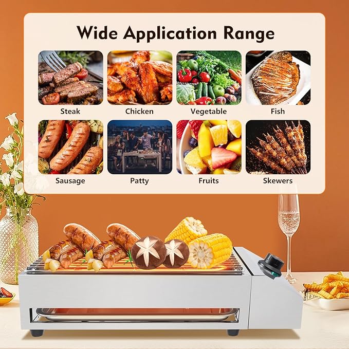 1800W Electric BBQ Grill & Countertop Electric Grill, Smokeless Indoor Outdoor Grill with Stainless Steel Grate & Adjustable Temp, Portable Commercial Grill for Home Kitchen Camping Party Use