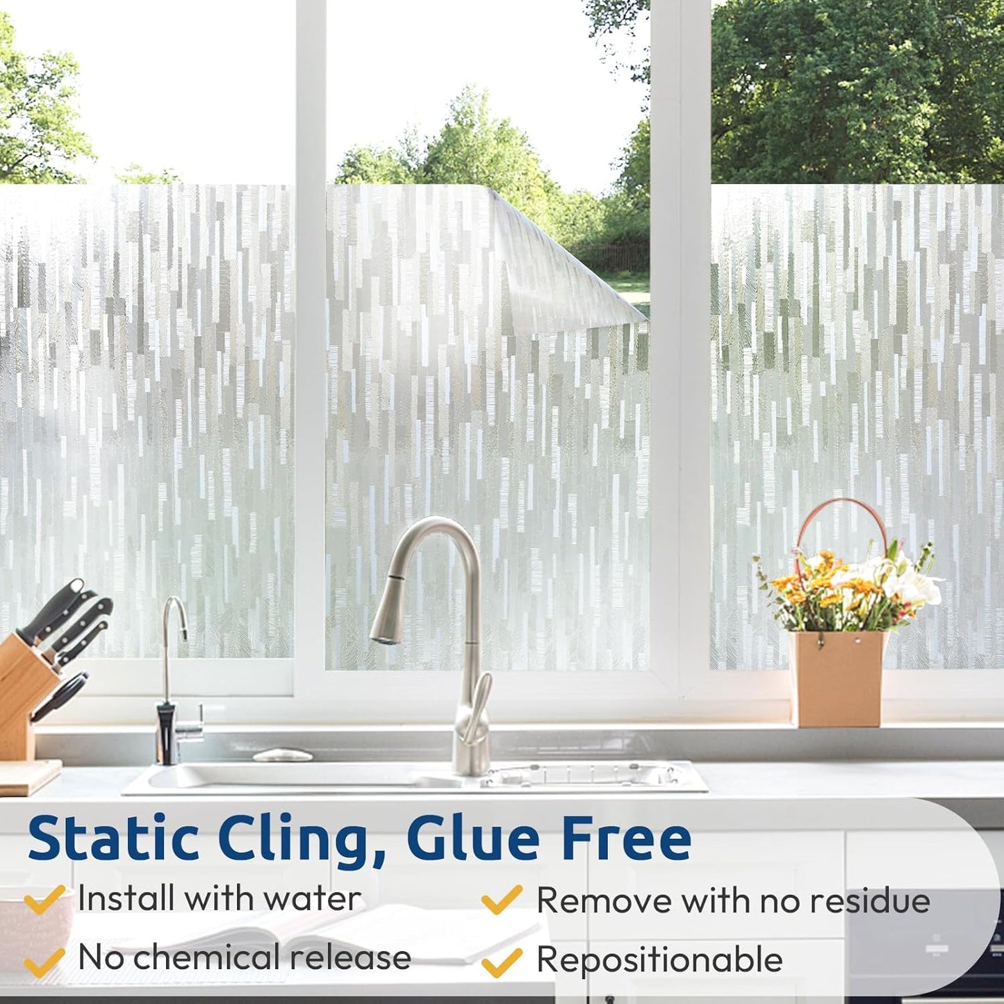 rabbitgoo Window Privacy Film, No Glue Frosted Glass Film, Static Cling UV Blocking Non Adhesive Reusable Heat Control Window Vinyl Clings for Home, Office, Frosted Silk, 17.5 x 157.4 Inches