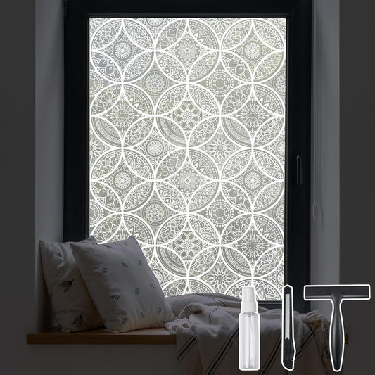 DKTIE Bohemian Decor Stained Glass Window Film with Installation Tools, Two-Way Window Privacy Film, Reduce Glare, Pure White, 35.4 x 118.1 Inch