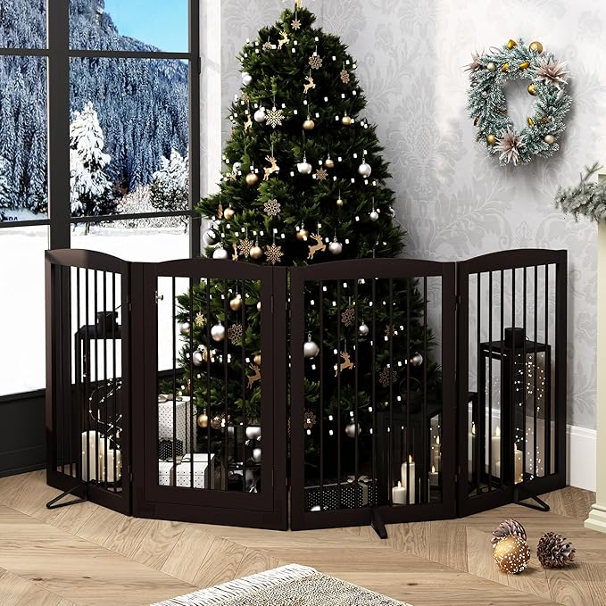 Freestanding Dog Gates with Door Walk Through, 80 inch Wide Gates Indoor, Dog Fences Indoor, Support Feet Included, 4 Panels, 32" Tall, Dark Brown
