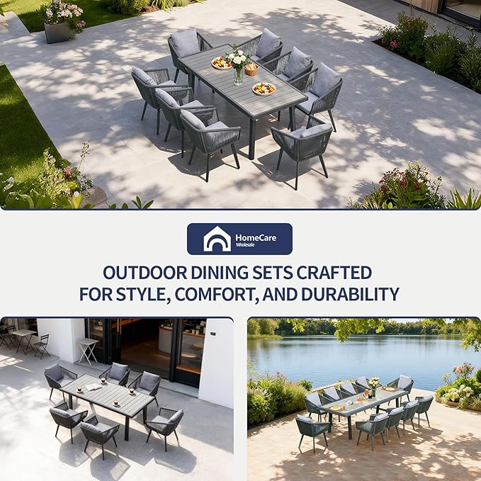 9 Pieces Patio Dining Set for 8 - All Weather Outdoor Dining Sets, All in One Outdoor Table and Chairs, Wicker Outdoor Patio Furniture Sets with Cushions and Pillows, Grey