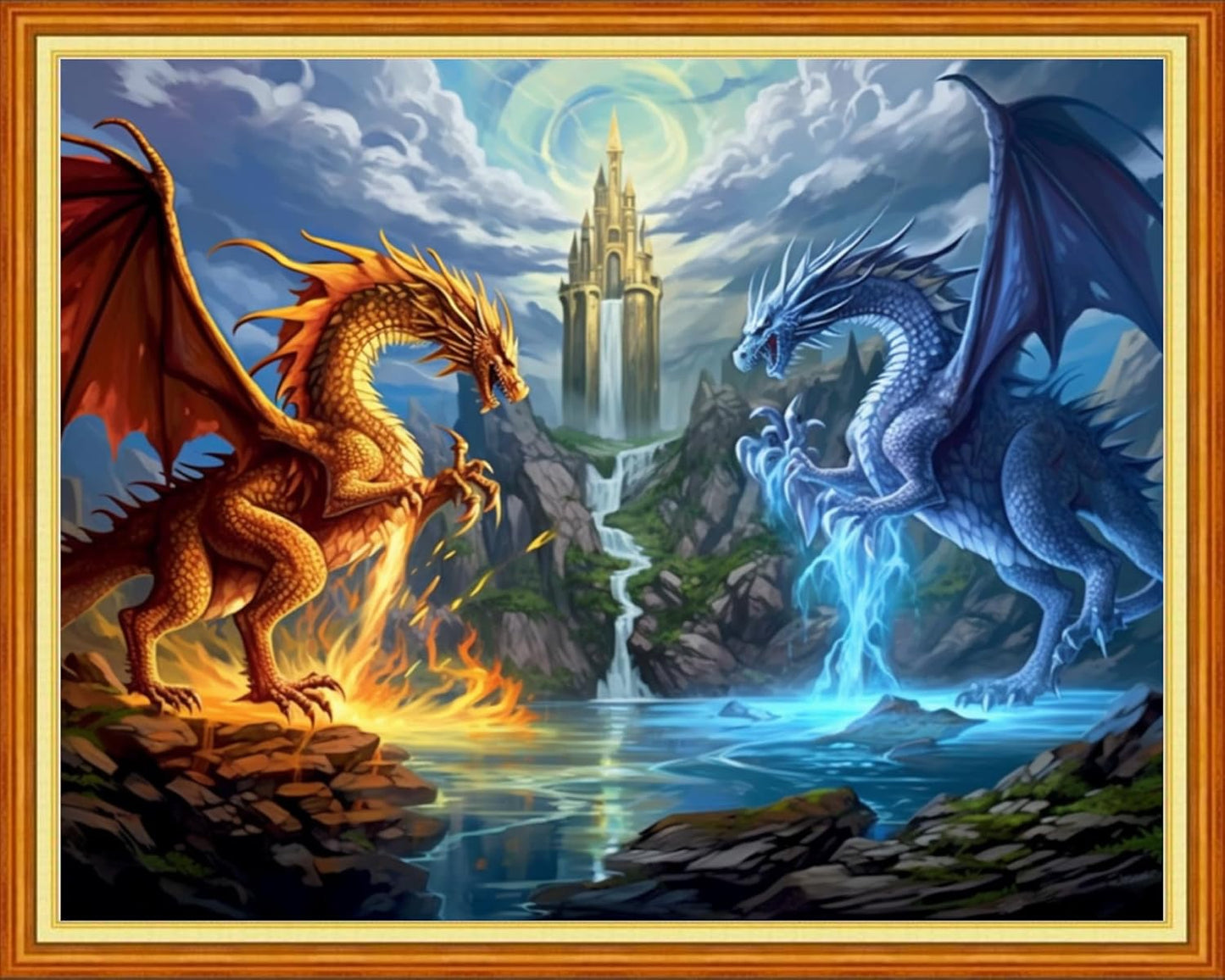 Foxhool Beginners Cross Stitch Kits Stamped Full Range of Embroidery Kits for Adults DIY Cross Stitches kit Embroidery Patterns for Needlepoint kit-Water Fire Dragon 16x20 inch