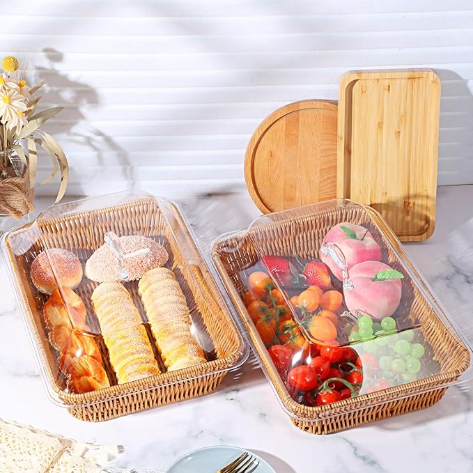 2 Set Wicker Bread Basket for Serving with Acrylic Lid Imitation Rattan Bread Basket Woven Rectangular with Cover for Fruit Food Display Party Easter Picnic(13.78" X 9.84")