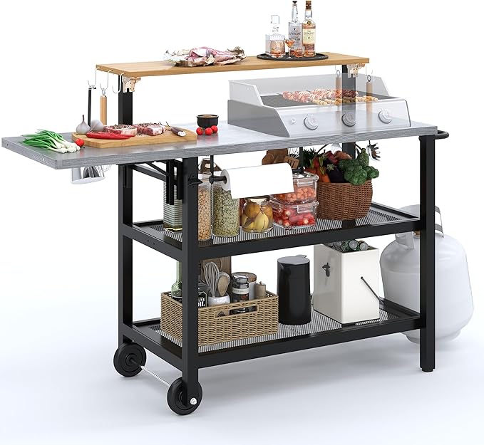 Sundale Outdoor Four-Shelf Grill Cart Table, Movable Stainless Metal Flattop Pizza Oven Multifunctional Work Prep-Table for Griddle BBQ Grills