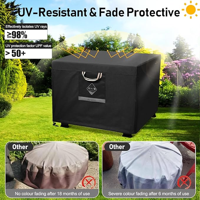 QH.HOME Fire Pit Cover Square Super Waterproof, 36" L x 36" W x 20" H Outdoor Firepit Table Cover 600D Strong Tear Resistant, UPF 50+ Fire Pit Cover Fading Resistant for Square Fire Pit - Black