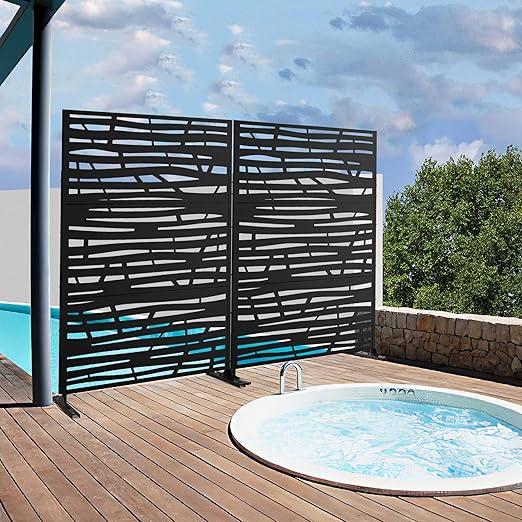 Casaphoria Metal Privacy Screen Outdoor, 72" H x 47" W Freestanding Decorative Privacy Screen for Patio Deck Balcony Garden with Stable Base, Black-Jungle