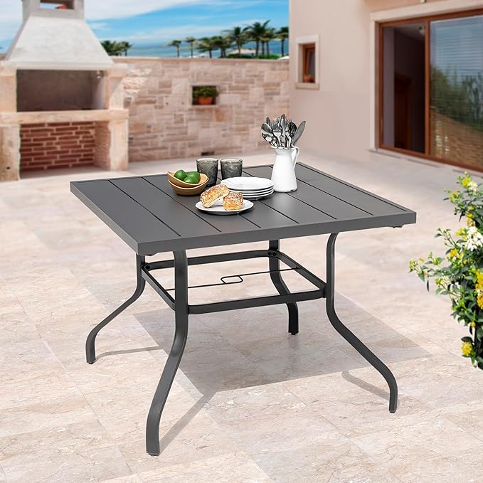 NUU GARDEN 37" Outdoor Patio Table, 4 Person Steel Slat Square Dining Table with 1.57" Umbrella Hole, Slatted Top and Powder Coated Iron Frame for Patio, Garden and Balcony, Gray