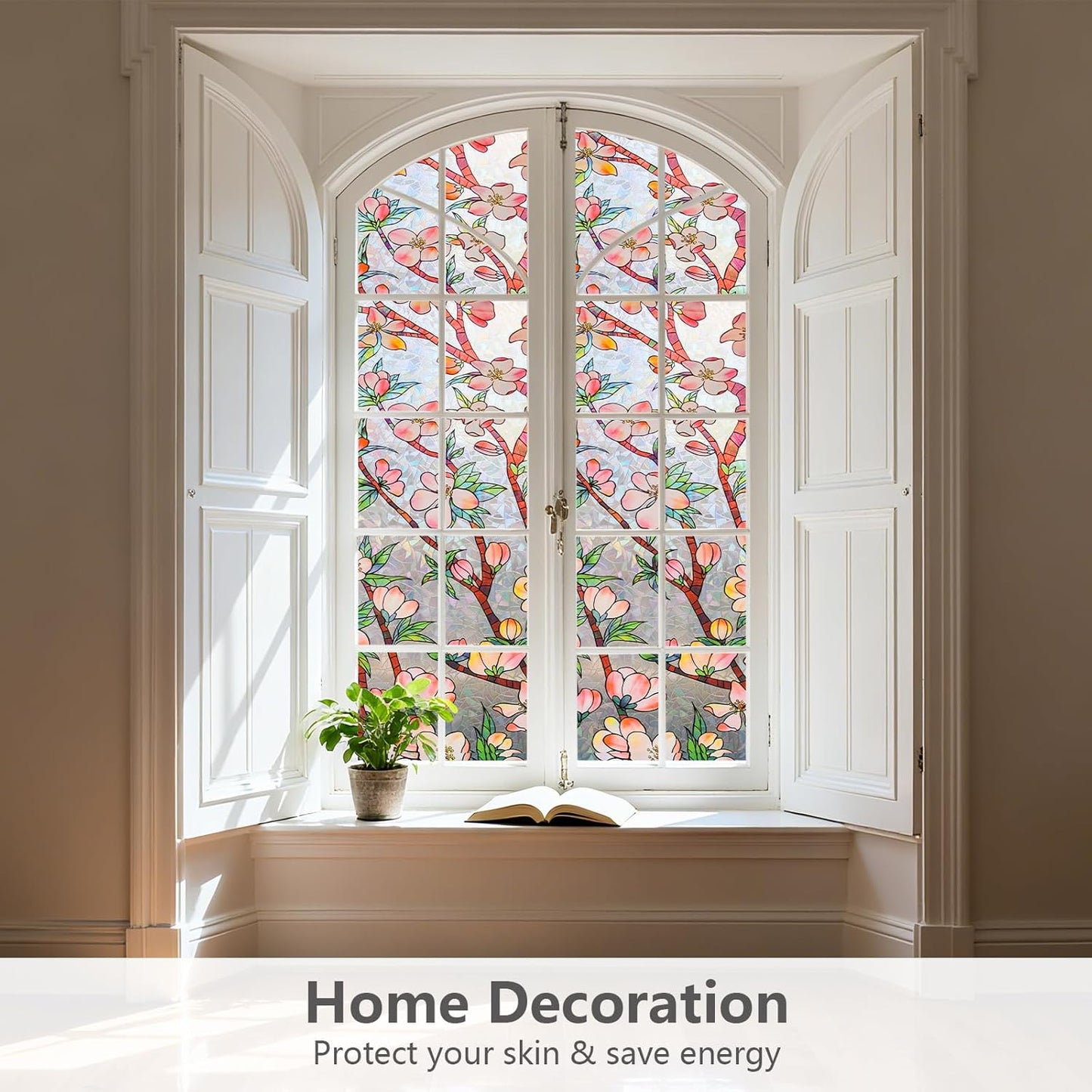 NINETREX Window Privacy Film,3D Stained Glass Window Film,Rainbow Static Cling Stickers Blocks Heat & UV,Non-Adhesive Vinyl for Home Door (Peach Blossom,17.5 x 78.7inch)