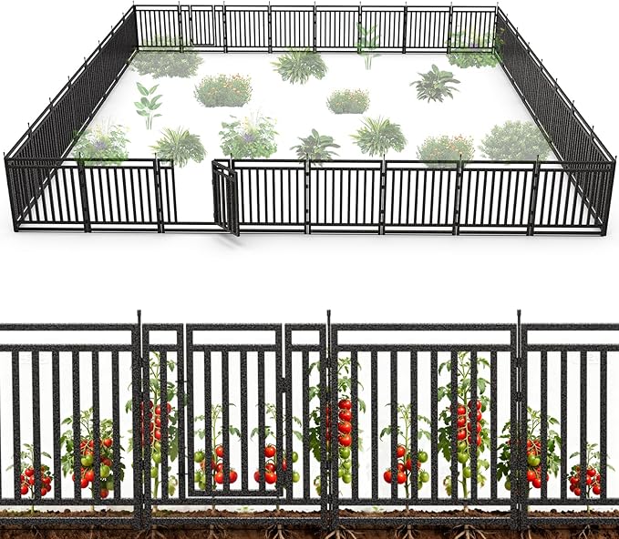 Garden Fence 32in (H) x 72ft (L), 28 Panels + 4 Gates, Durable Outdoor Yard Barrier, Secure Garden Fencing Weather-Resistant Fence Ideal for Pets, Privacy & Decoration, Black Silver