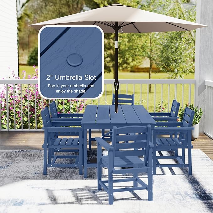 7 Piece Patio Dining Set with 11ft Patio Umbrella (Dark Green), 7 Navy Outdoor HDPE Dining Set with 6 Chairs + 1 Large Table, for Market, Pool, Garden, Backyard, Deck