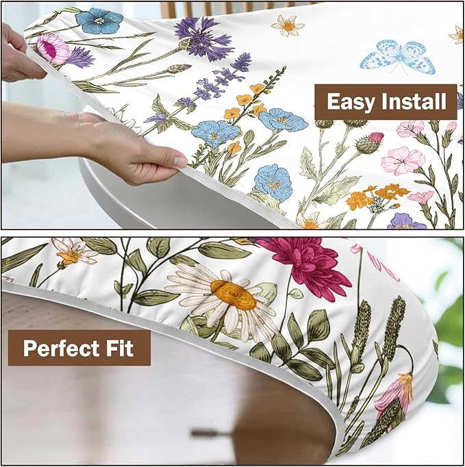 Spring Summer Floral Round Fitted Tablecloth with Elastic Wildflower Butterfly Circle Table Cloth for 40-44" Tables Wipeable Waterproof Farmhouse Easter Flowers Table Cover for Picnic Outdoor Dining