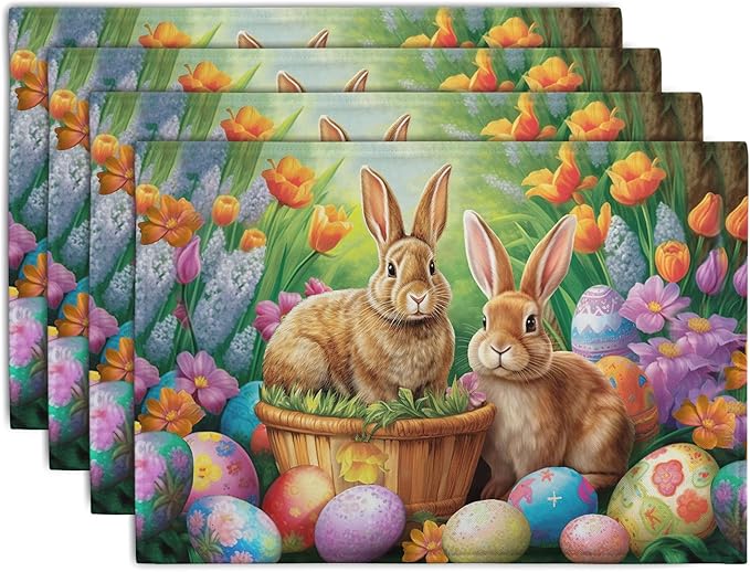 Easter Rabbits Eggs Placemats Set of 4 Easter Bunny Tulip Flowers Table Place Mats Seasonal Farmhouse Spring Holiday Table Mat for Party Kitchen Dining Outdoor Indoor Decor