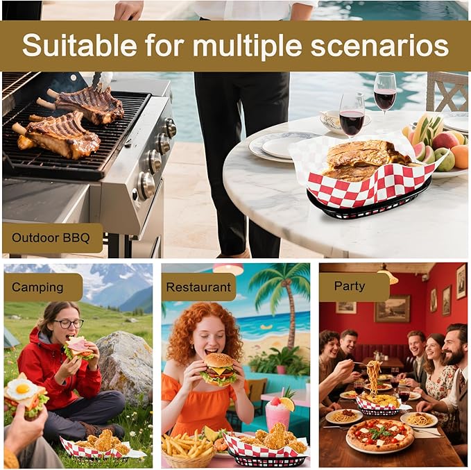 18 Pcs Fast Food Baskets, Black Oval Baskets with 100 Pcs Red Retro Style Checkered Deli Liner, Plastic Food Serving Basket for Hot Dogs, Bread, Fruit, Burgers, Home, Picnic, Restaurants