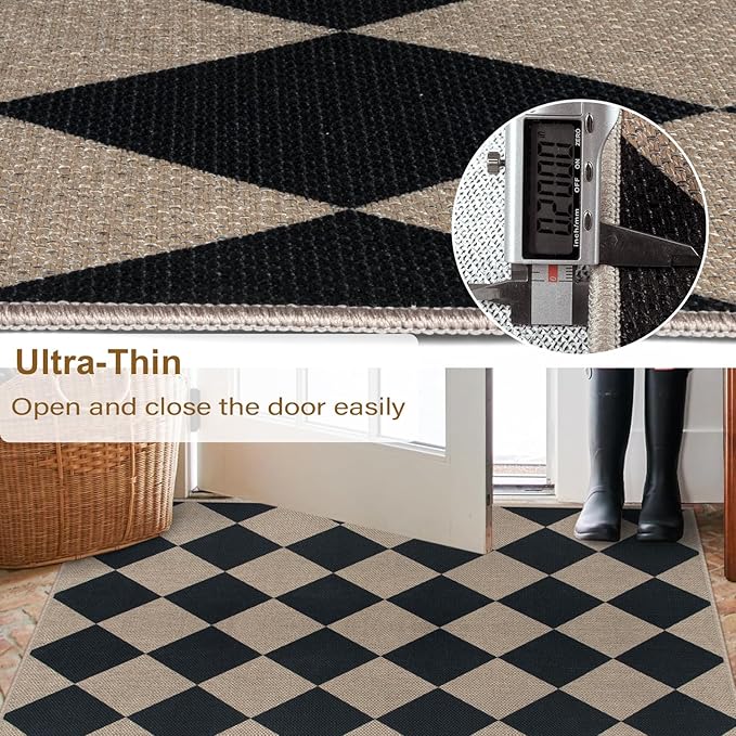 Easy Jute Checkered Runner Rug, 2.6x8 Black Modern Washable Rugs Runner for Hallway Non-Slip Kitchen Runner Rug, Geometric Diamond Indoor Outdoor Carpet for Porch Laundry Entryway