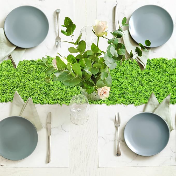 Zeyune 2 Pcs Fake Moss Table Runner for Crafts 12'' x 71'' Artificial Moss Sheet Roll Waterproof Carpet Blanket for Wall Roof Garden Wedding Birthday Party Table Decoration (Light Green)