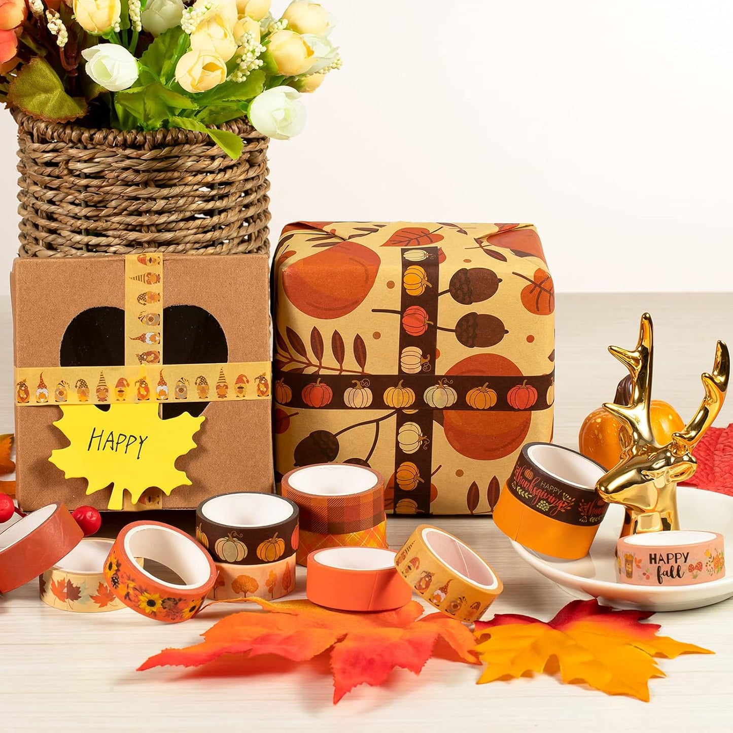 Whaline 12 Rolls Fall Washi Tape Thanksgiving Autumn Maple Leaves Pumpkin Gnome Masking Washi Tape 15mm Thanksgiving Harvest Decorative Tape Sticker for Scrapbook Journal DIY Craft Gift Wrapping