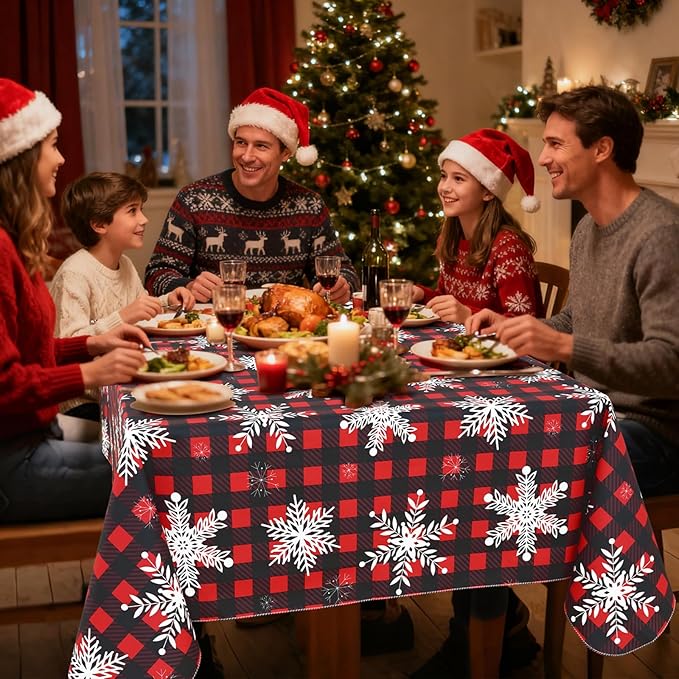 misaya Rectangle Waterproof Vinyl Table Cloth, Wipeable Tablecloth with Flannel Backing, Plastic Table Cover for Dinner, Christmas Party (Red & Black, 60" x 102")