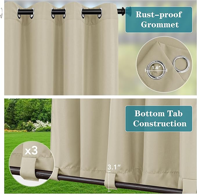 HolidayIdeas Gazebo Curtains Outdoor Waterproof 4 Panels 54x95 Inch-Windproof Weatherproof Privacy Cream Outside Curtains-Grommet Top and Tab Bottom Drape for Patio, Porch, Pergola, Cabana, Backyard