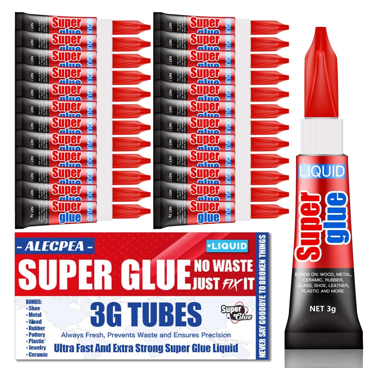 3 Gram (Pack of 24) Single Use Super Glue Liquid, Super Fast, Thin & Strong Adhesive Superglue, Cyanoacrylate Glue for Hard Plastics, DIY Craft, Ceramics, Leather, Metal Etc