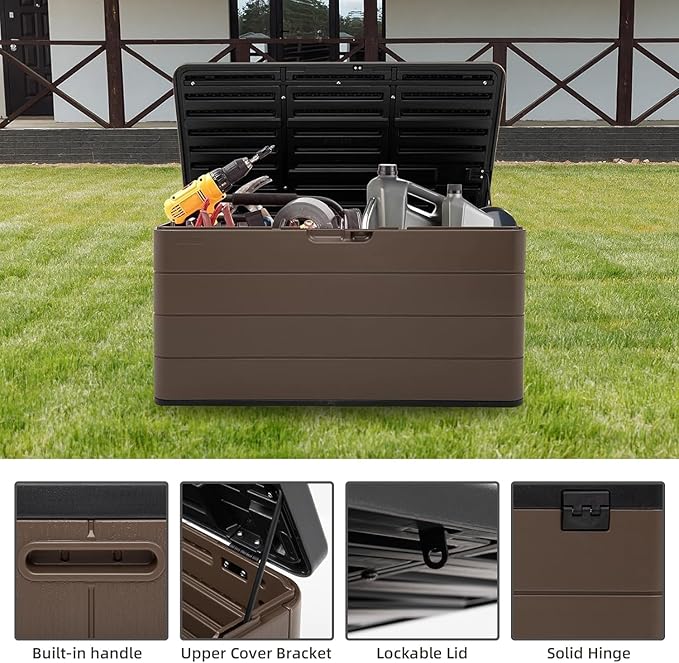 100 Gallon Plus Resin Deck Box, Waterproof Outdoor Storage Box for Patio Furniture, Garden Tools, and Pool Accessories, Lockable UV-Resistant Storage Bin Bench Cabinet for Outside, Brown
