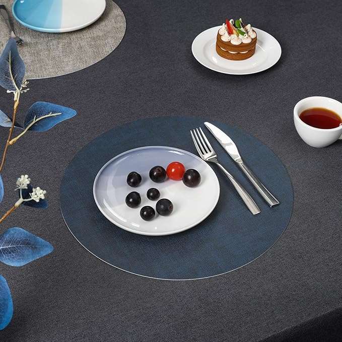 Myir JUN Round Placemats Dual Sided, Faux Leather Place Mats Set of 6 Indoor Placemat for Dining Table Outdoor Place Mat Non-Slip Washable Table Mats (Gray Blue, Set of 6)