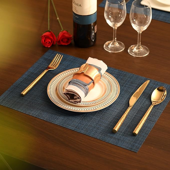 SLKQG Navy Blue Placemats Set of 6 - Easy Clean Washable Vinyl Placemats - Wipeable Heat Resistant Table Mats for Dining Table - 17x12 Inch (Navy Blue, 6)