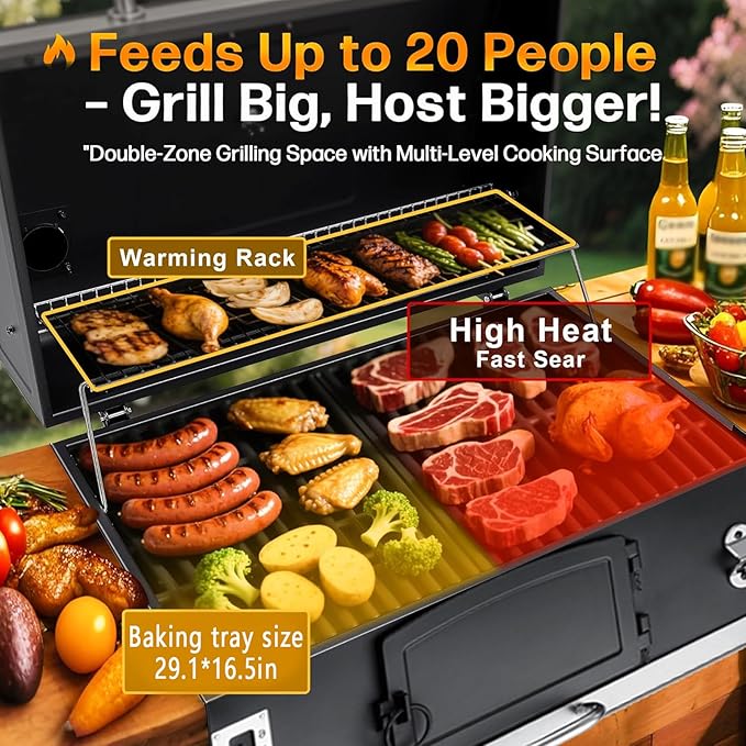 Large Built-in Barbecue Grills, Charcoal BBQ Grills with Liftable Tray, Insulated Hood & Temp Gauge, Black Stainless Steel Charcoal BBQ Barrel Grill for Outdoor Kitchen Camping Park Style