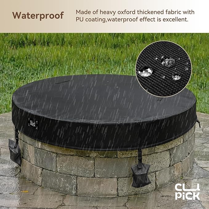 Outdoor Fire Pit Cover Round,In Ground Fire Pit Cover with Sandbag,Heavy Duty Waterproof Firepit Cover,Suitable for 56-60 Inch Round Built in Stone Firepits,Black