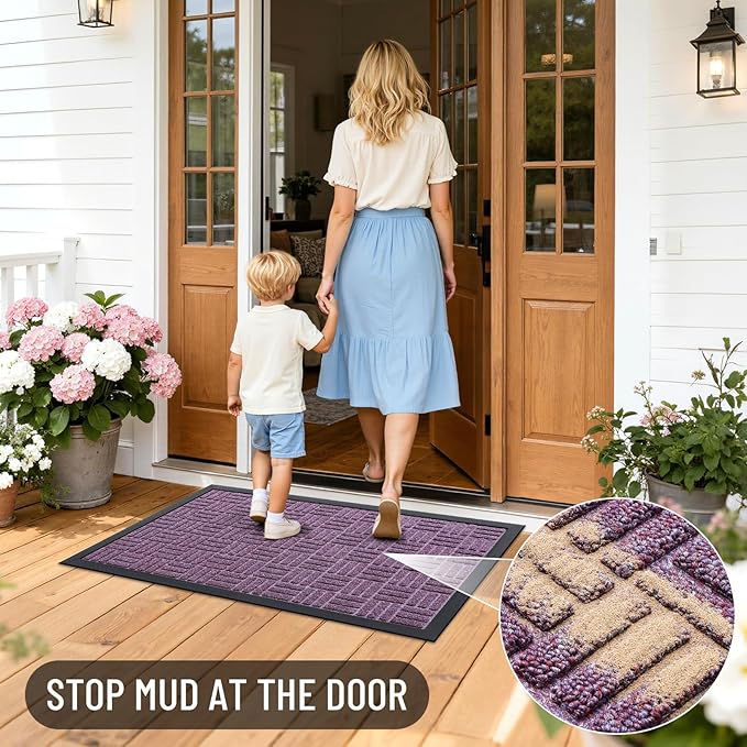 OLANLY Front Door Mat Outside Entrance 29.5x17, Absorbent, Heavy Duty Sturdy Natural Rubber Doormat Indoor Outdoor, Non-Slip, Stain and Fade Resistant, Low Profile Floor Mat for Entryway, Violet