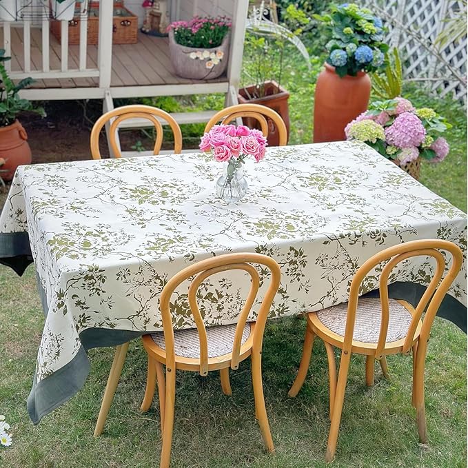 French Jacquard Rectangle Tablecloth, Wrinkle Free Green Table Cloth with Vintage Edge, Floral Outdoor Table Cover for Dining, Farmhouse, Wedding - 60''x108''