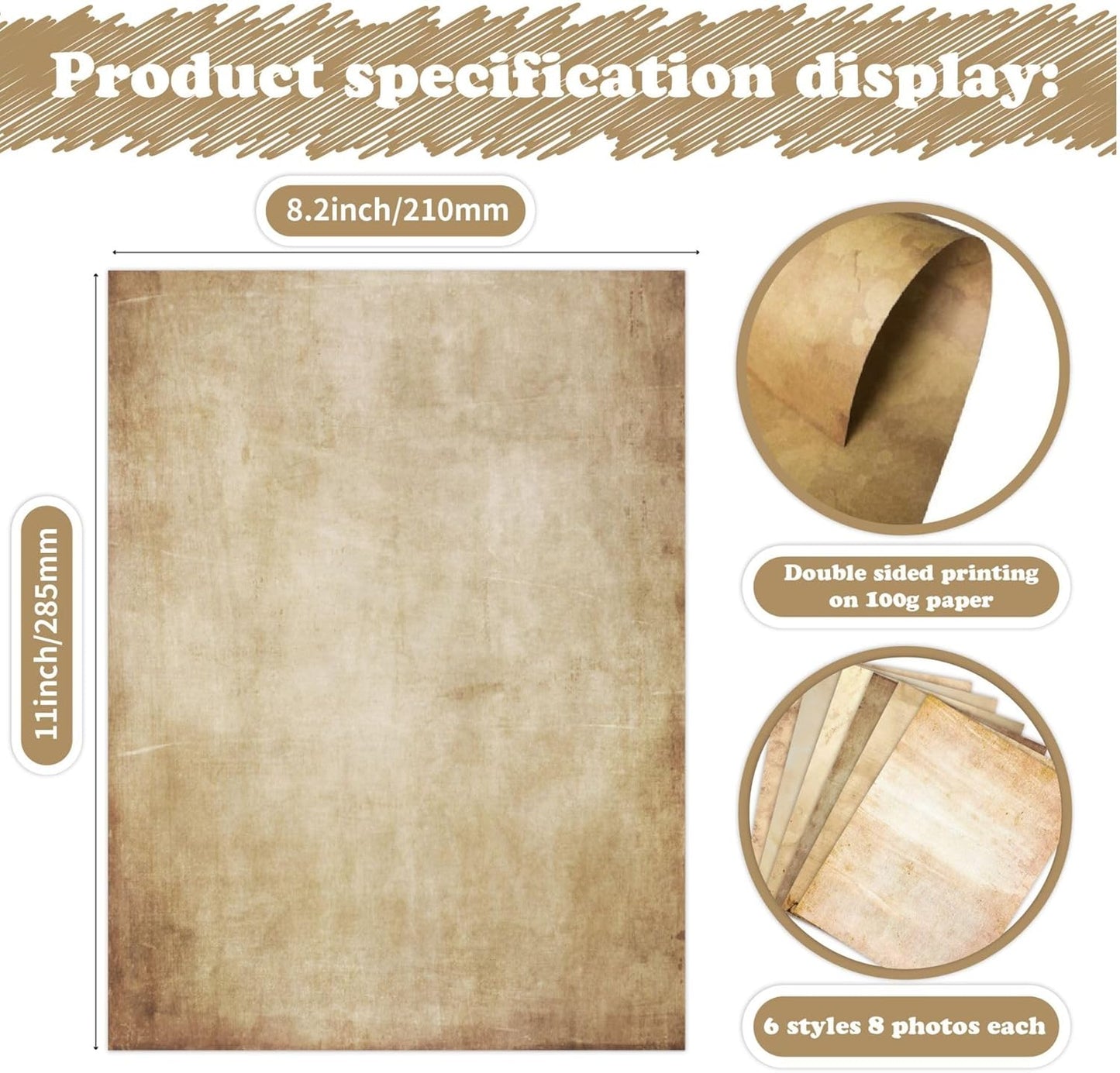 100GSM 48Sheets Vintage Antique Printing Paper, A4 8" x 11" Double-sided Old Looking Parchment Aged Paper for Letter Writing, Scrapbooking,Handmade Craft,Resume,Certificate