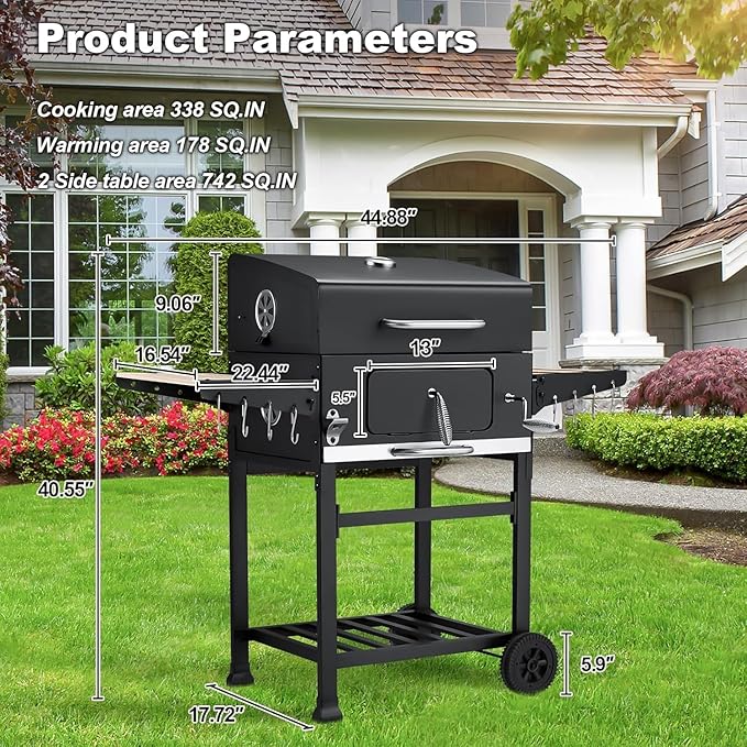 MELLCOM Small Charcoal Grill with Wood Foldable Side Table - 338 Sq.In BBQ Area with Individual Lifting Charcoal Trays & Thermometer, Movable Charcoal Barbeque Grill for Patio, Garden and Backyard
