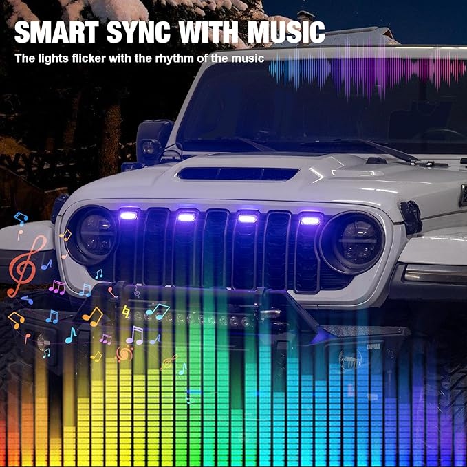 MAIKER RGB LED Grille Lights Compatible with 2024-2025 Jeep Wrangler JL JLU JT Original Factory Grille, 4PCS RGB Adjustable Atmosphere Exterior Grill Lights Remote APP Control