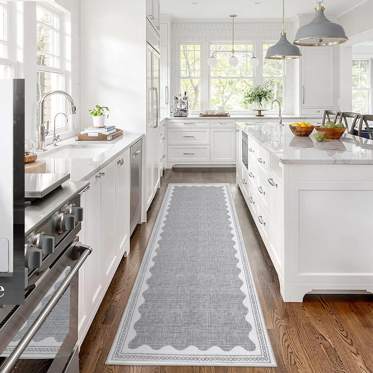 Scalloped Rug 2.5x8 Runners for Hallways, Solid Grey Runner Rugs Non Slip Scalloped Bath Runner, Washable Mat for Bedroom Girls, Rugs for Kitchen Floor Soft Dorm Nursery Carpet for Bedside