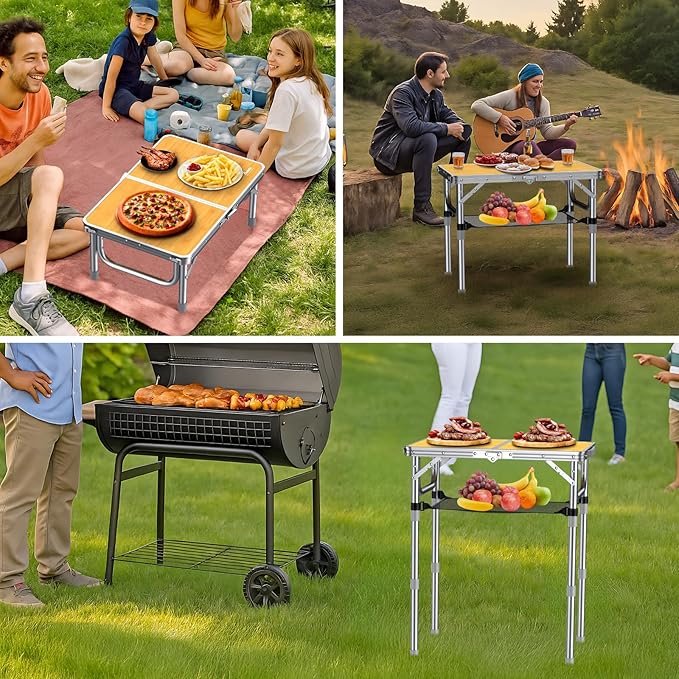 Anbte 2ft Camping Table Foldable, 3 Adjustable Heights High 27.5" Aluminum Small Folding Table with Carrying Handle, Portable, for Outdoor Indoor Picnic Beach BBQ Party Travel, 24" x 16", Yellow