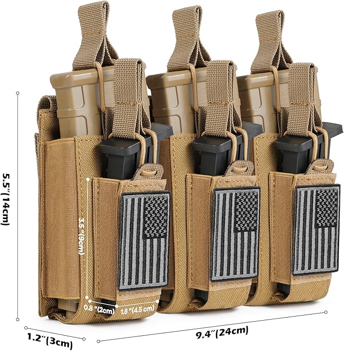 Open-Top Single/Double/Triple Molle Mag Pouch for 5.56mm M4 M16 AK AR Glock M1911 9mm Elastic Rifle Magazines Pistol Mag Pouches Holder Carrier with USA Flag Patch