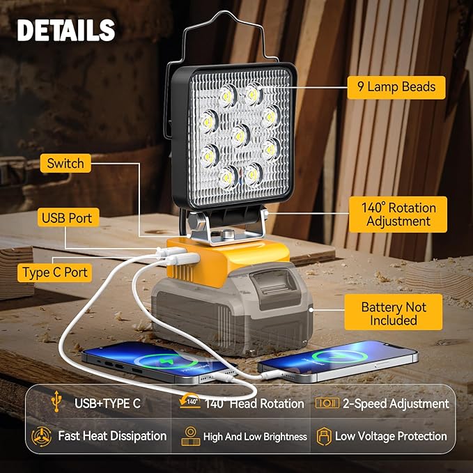 Ecarke LED Work Light Compatible with DEWALT 20V, 140° Pivoting Head Flashlight, 48W 4800Lumens, Cordless LED Flood Light, with USB and Type-C Charging Port for Outdoor