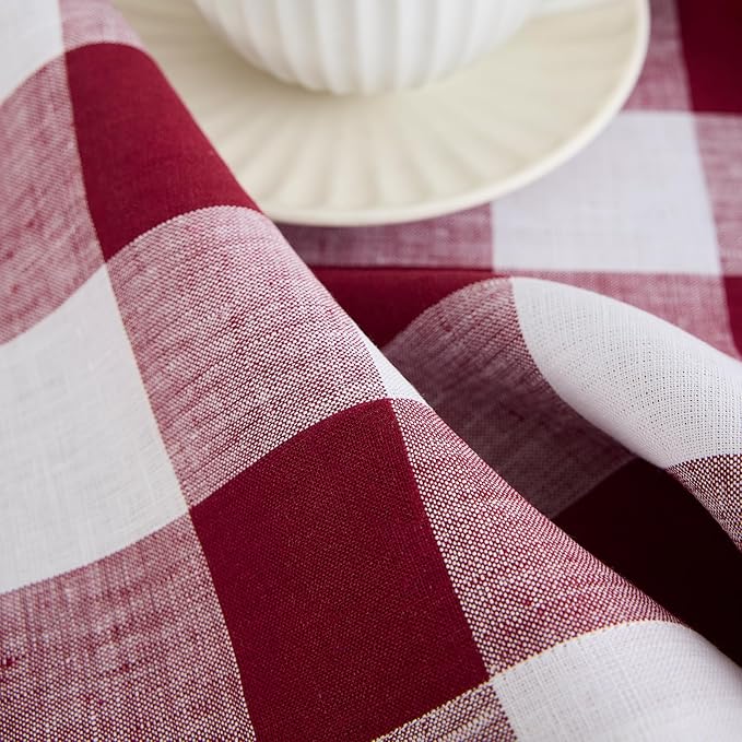 Solino Home Linen Checkered Table Runner 156 Inches Long - 100% Pure Linen Burgundy and White Buffalo Check Extra Long Table Runner 14 x 156 Inch Ideal for Dining, Valentines