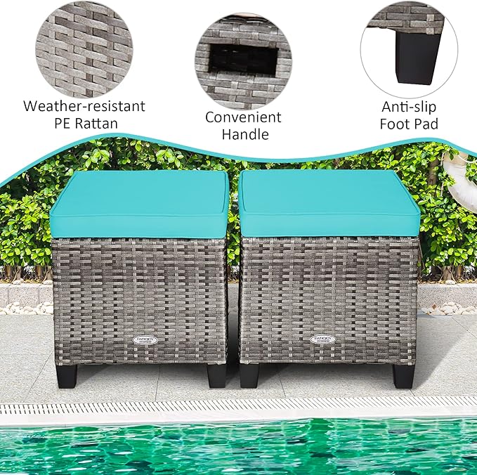 Tangkula 2 Pieces Patio Rattan Ottomans, Outdoor Wicker Footstool Footrest Seat with Soft Cushions and Steel Frame, All-Weather Patio Ottoman Set for Backyard Garden Poolside