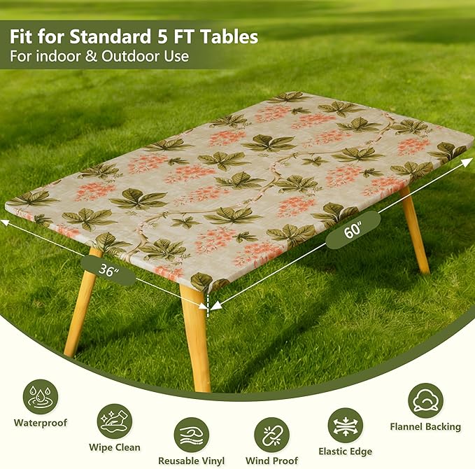 Rectangle Picnic Table Cloth, Elastic Waterproof Fitted Vinyl Tablecloths for 5 Foot Tables, Wipeable Flannel Backed Table Covers for Dining, Camping, Outdoor(Flower,36"x60")