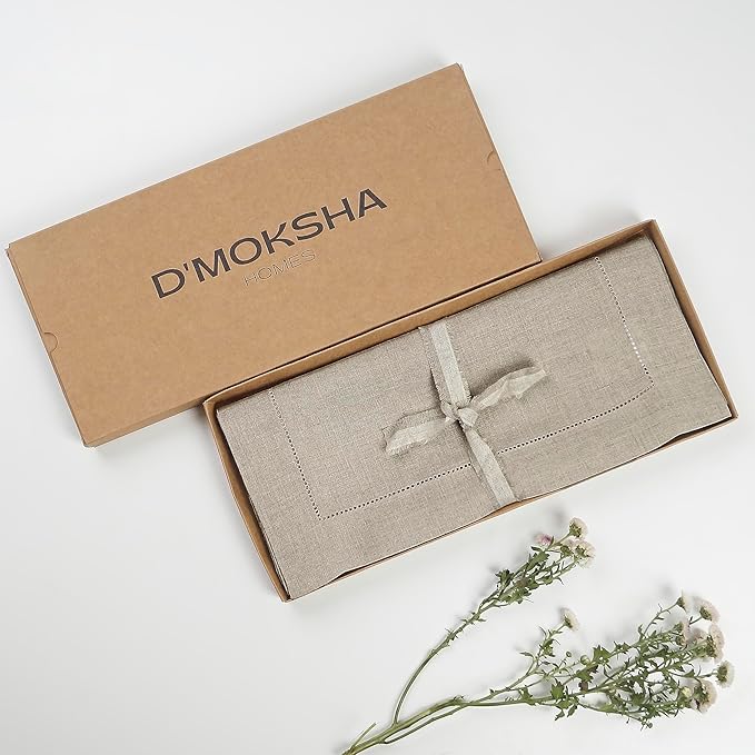 D'Moksha Homes Linen Natural Table Runner 60 Inches - Classic Hemstitch, 100% Pure Linen Coffee Table Runner 14 x 60 Inch Ideal for Dresser Tables, Valentines, Spring, Easter