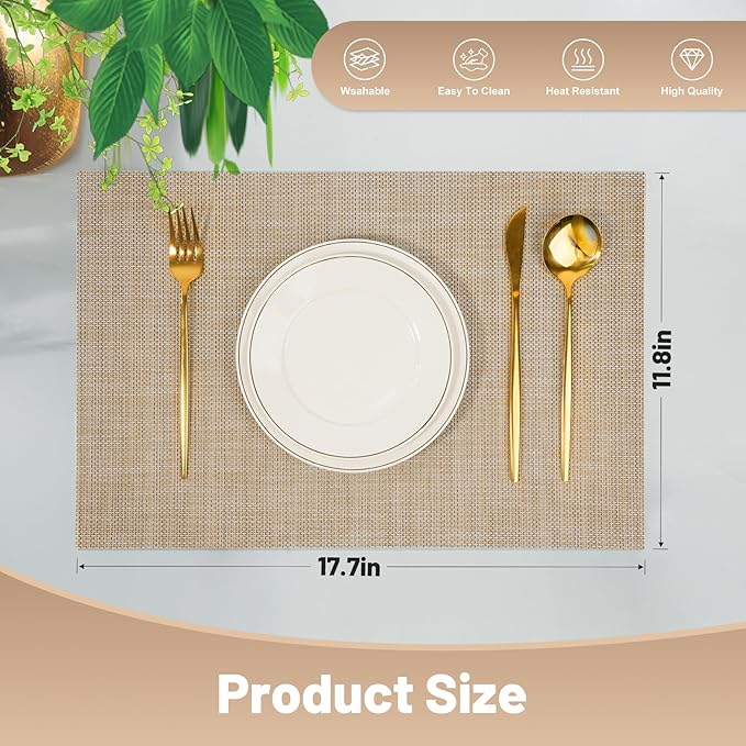 Placemats Set of 8，Non-Slip PVC Weave Table Mats Easy to Clean，Heat Resistant Place Mats for Kitchen Dining Table Decoration Indoor Outdoor，Beige
